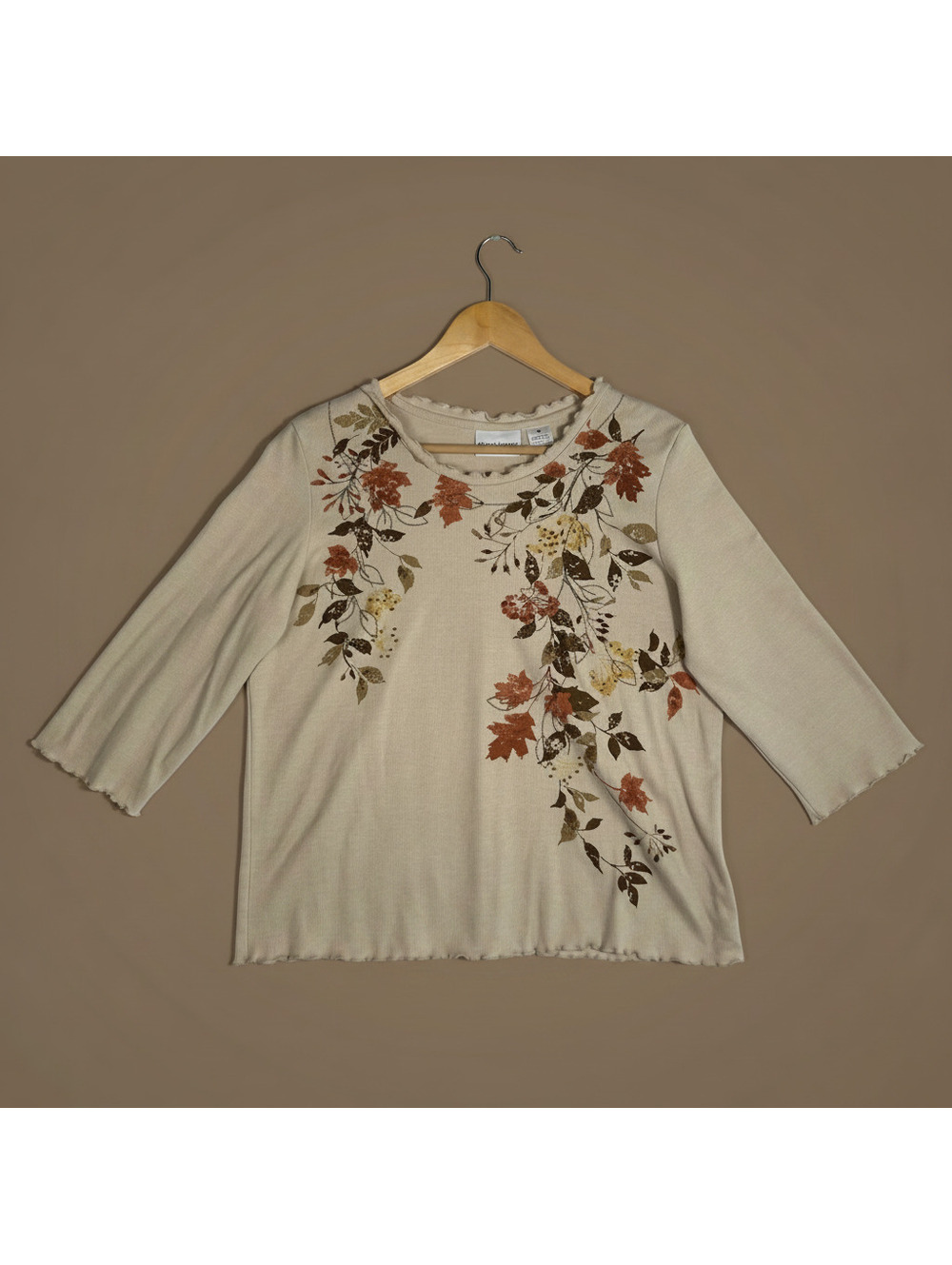 Alfred Dunner Womens Beige Casual Floral Beaded 3/4 Sleeve Top Grannycore Medium